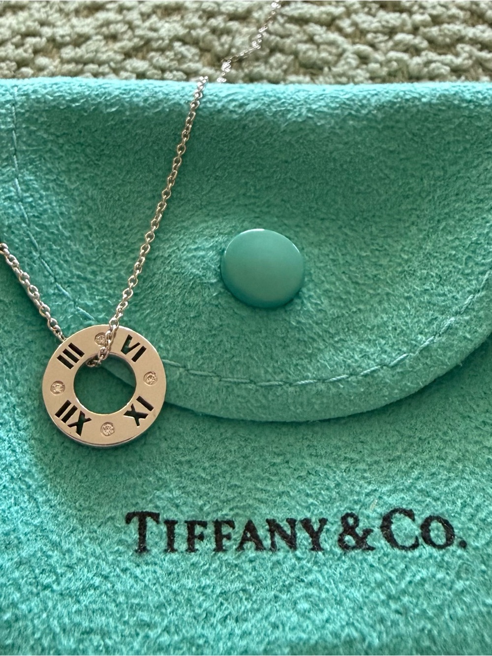 Tiffany & Co. 18K White Gold Diamond Atlas Pendant Necklace, With Bag & Box